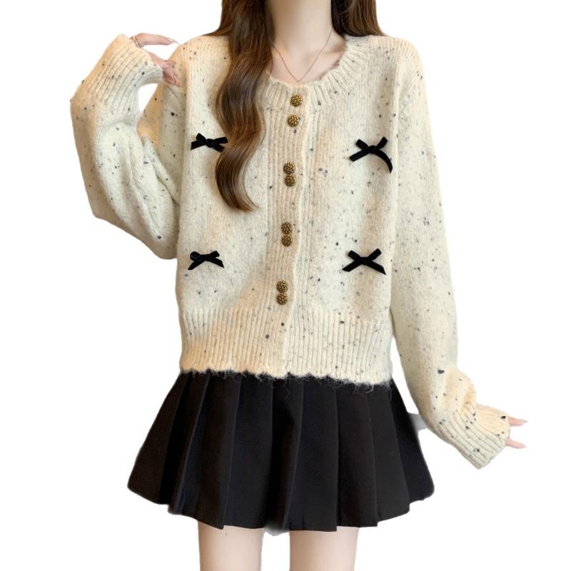 Short Knitted Cardigan Women's Autumn New Bow Design Loose Long-sleeved Sweater Jacket