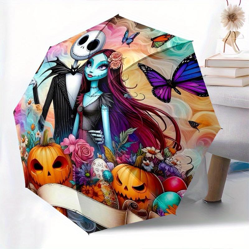 Jack Skellington,Sally Automatic Umbrella Tri fold Portable Umbrella, Best Holiday Gift for Men and Women, Durable Iron Frame, Playful Des