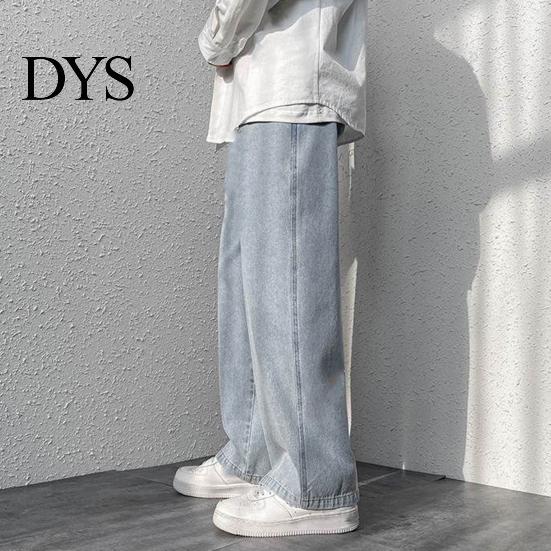 Strong Denim Fabric Overalls Men Jeans Wide Leg Pants Baggy Trouser Fashion Loose Retro Straight Solid-color Waist Button Long Washed Blend