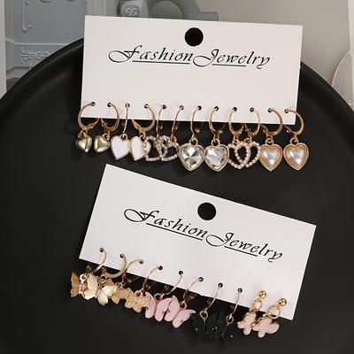 Mode Acryl Schmetterling Anhänger Ohrring Set Vintage Design Herzförmiger Anhänger Creolen Damen Böhmisch Sommer Zirkon