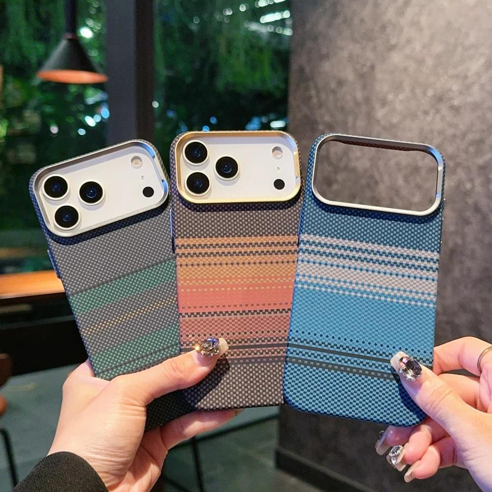 Carbon Fiber Relief Magsafe Case For 13 14 15 16 17 Pro Max Plus Magnetic Wireless Charging Alloy Lens Shockproof Cover