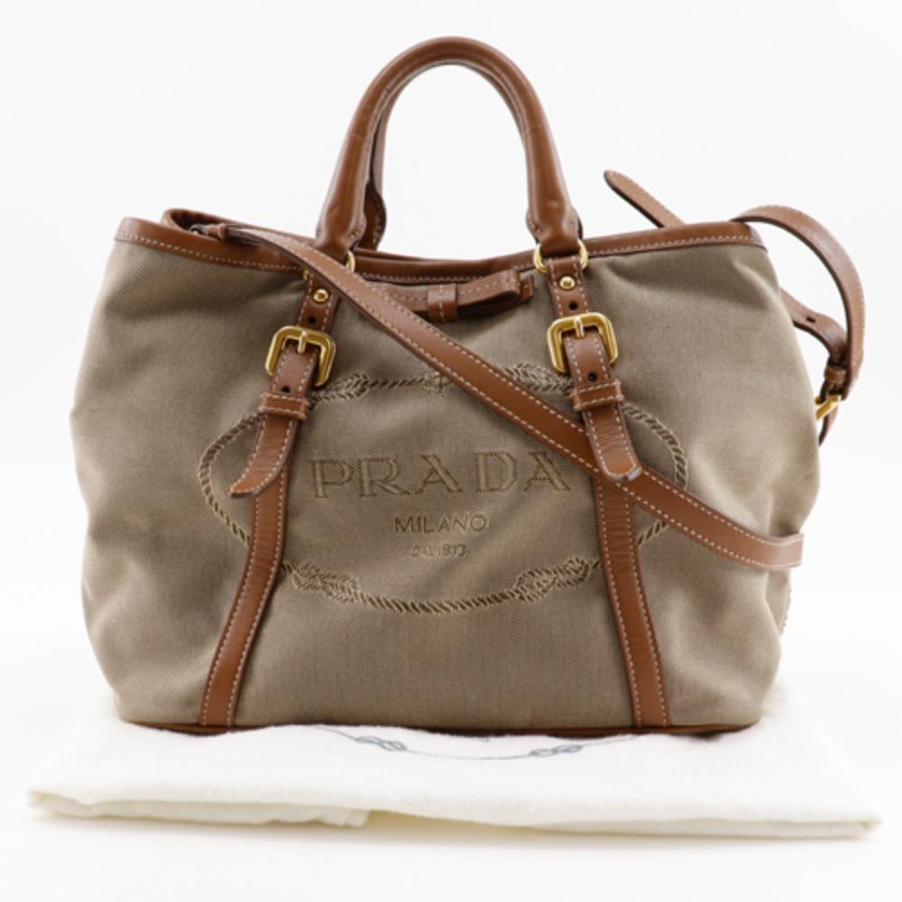 Prada Logo Handbag BN1841 2WAYShoulder Beige Canvas/leather Women Used