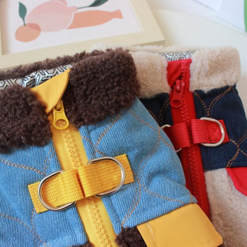 Thick Denim Dog Sweater Small Breeds Winter Warm Cotton Pet Clothing With Leash Hole
