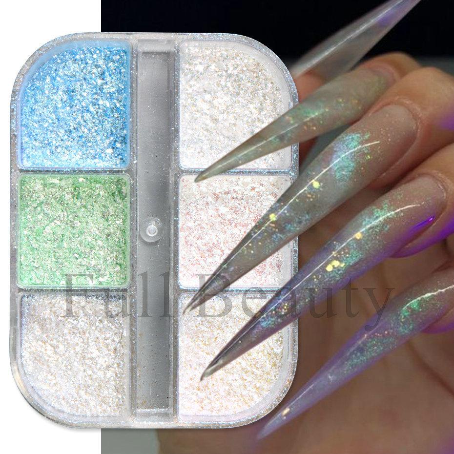 6 Gitter Nagelglitzer Aurora Spiegelpuder Perlenmuschel Reibpigment Seife Glitzer Charm Nails Art Design