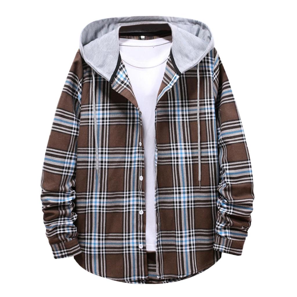 Men Casual Plaid Shirt Hooded Shirts Oversized Casual Shirt Men's Clothes European American Style Handsome Holiday Checked Shirt