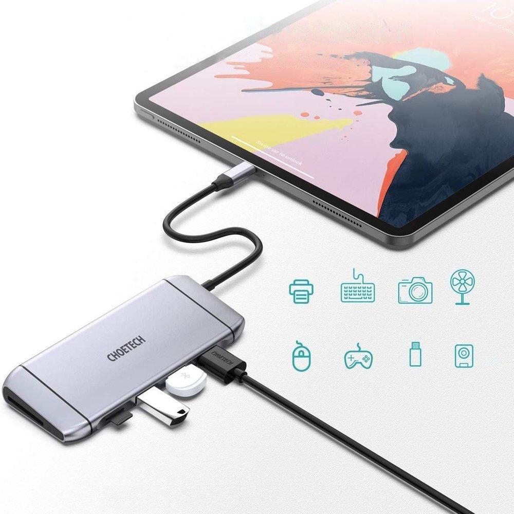 Choetech 9in1 Multifunctional USB Type C HUB - 3x USB 3.2 Gen 1 / SD and TF Card Reader / HDMI 4K 30Hz / VGA Full HD 60Hz / USB Type C / RJ45 Gray (HUB-M1