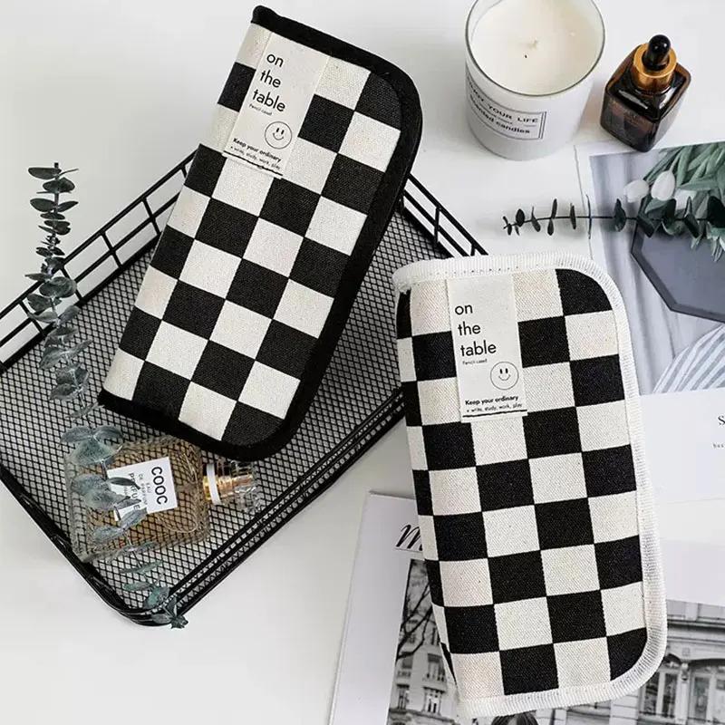 Kawaii Aesthetic Simple Black White Plaid Canvas Pencil Case Student School Stationery Bag