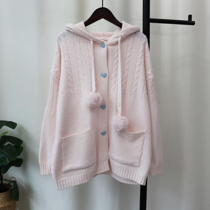 

Кардиган вязаный с капюшоном и застежкой-пряжкой, новый осенне-зимний, свободный, средней длины, в стиле колледжа, женский one size fits all розовый