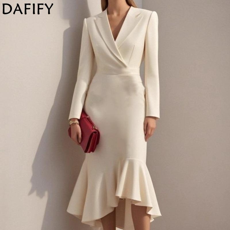 DAFIFY Women's Fashion Spring Fall Solid Color Print Long Sleeve POLO Neck High Waist Casual Dresses