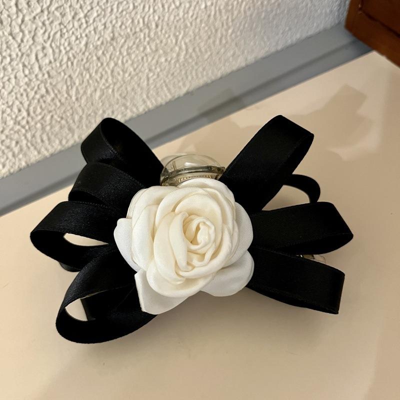 

Black White Camellia Bow Hairpin French Hair Clip Women High-End Elegant Hair Up Shark Clip Mourning Funeral Hair Accessories