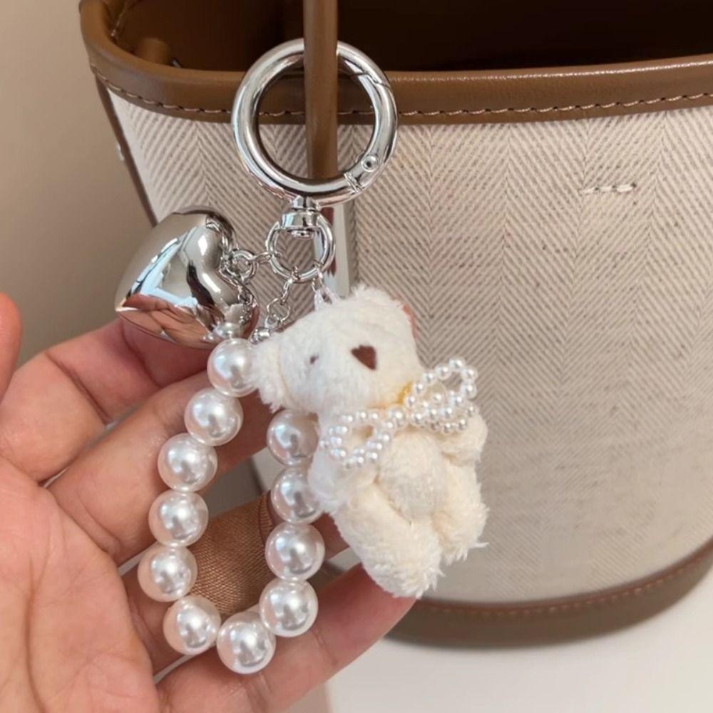 Fashion Sweet Fluffy Plush Bear Keychain Bag Accessories Heart Keyring Pearl Bowknot Doll Pendant Couples Keychain Gifts