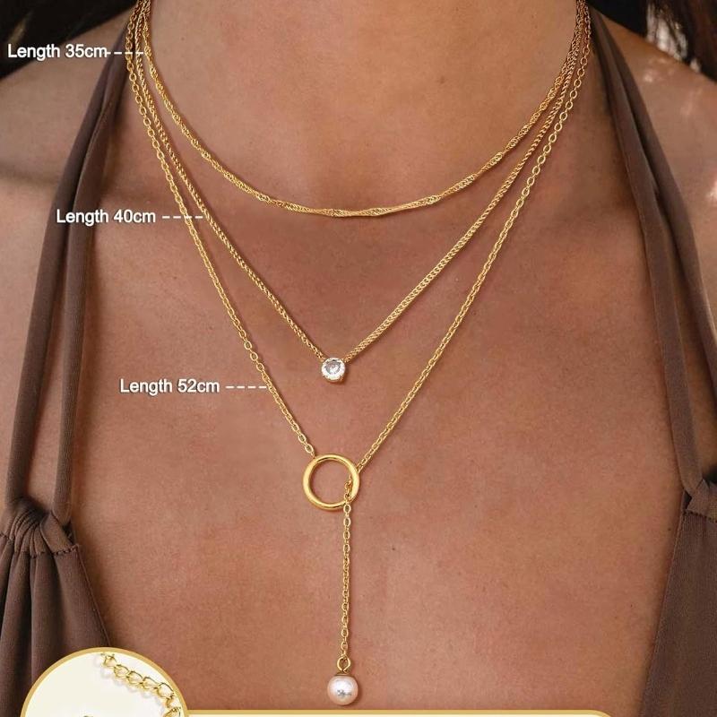 2-3pcs Women's Gold Necklace Stainless Steel Adjustable Choker Necklace CZ Pearl Pendant Chain Gold – with Jewellery Box