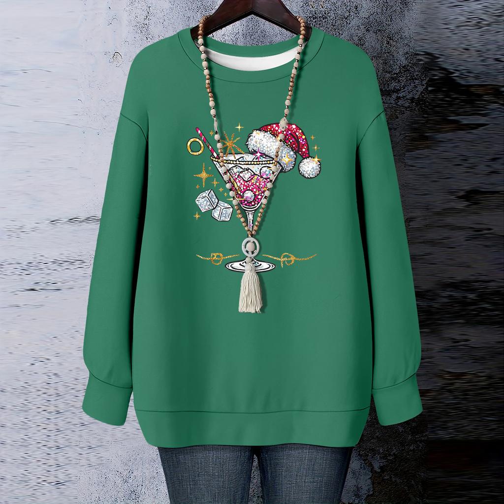 Ladies' Christmas Printed Round Neck Long Sleeved T-shirt Sweatshirt Top
