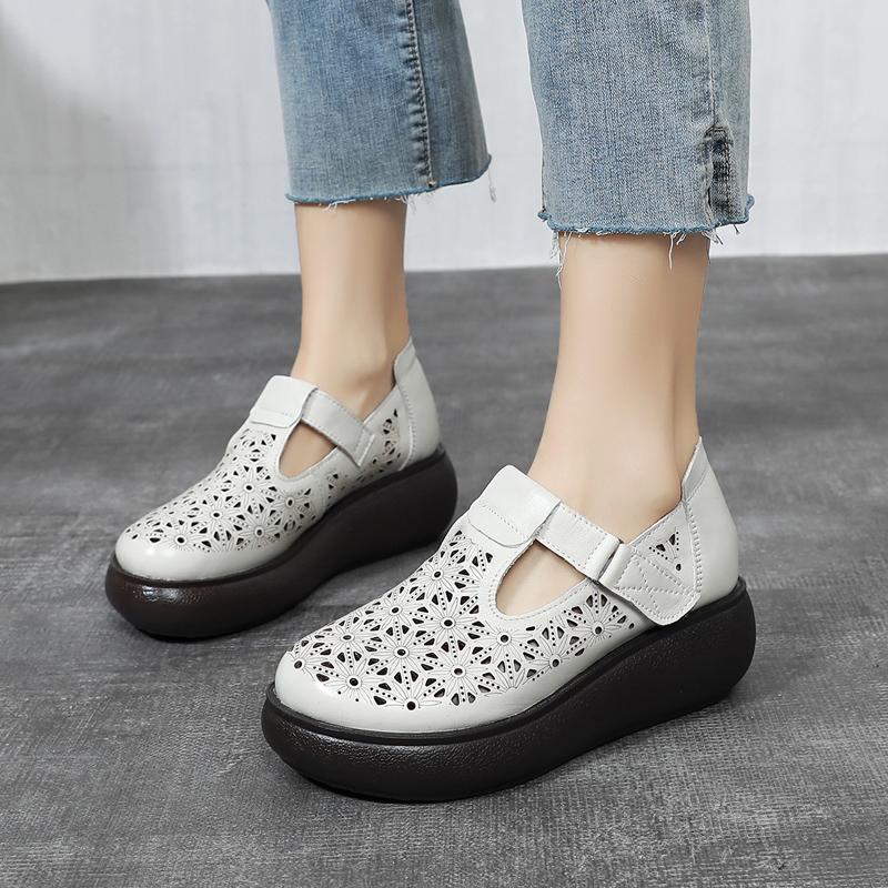 Fashion GKTINOO 2025 Spring Summer Hollow Genuine Leather Shoes Sandals Platform Increase Shoes Wedges High Heels Large Size Women Shoes