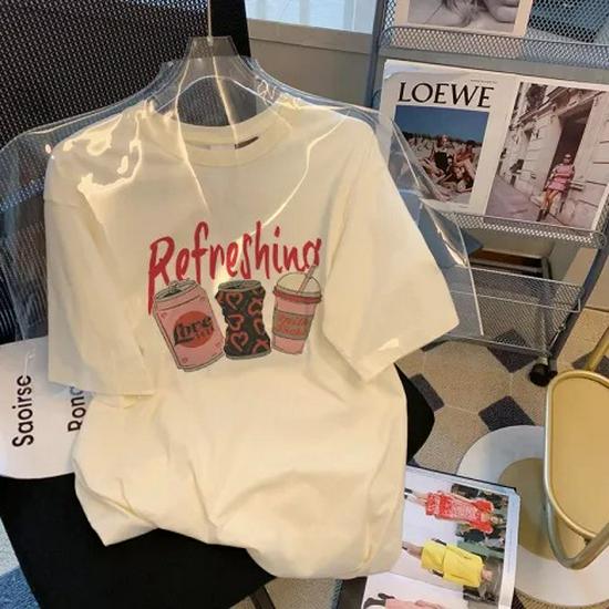 

Женская шикарная футболка большого размера в корейском стиле с принтом - Круглый вырез, Короткий рукав, Свободный крой, Средней длины для лета Large абрикосовый