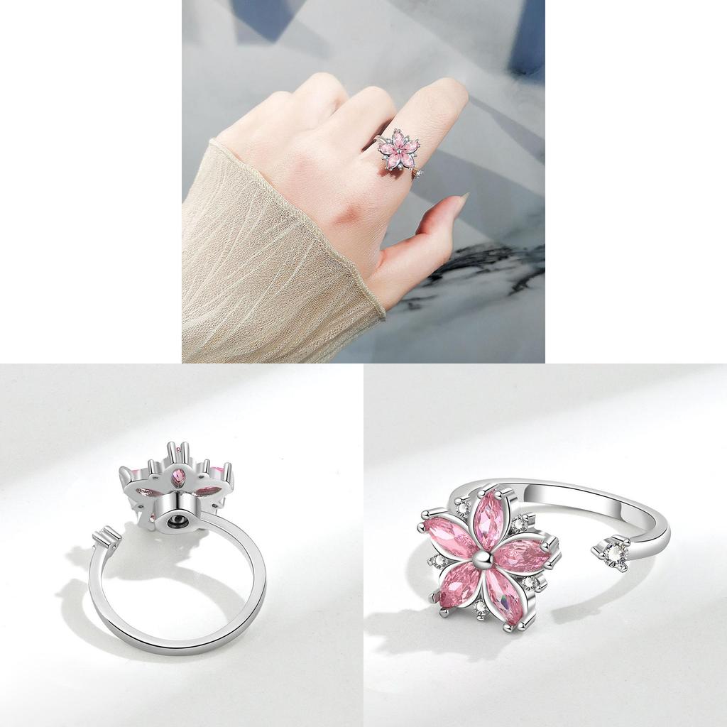 Flower Ring Adjustable Copper Jewelry For Women With Zirconia And Pink Blossom Design