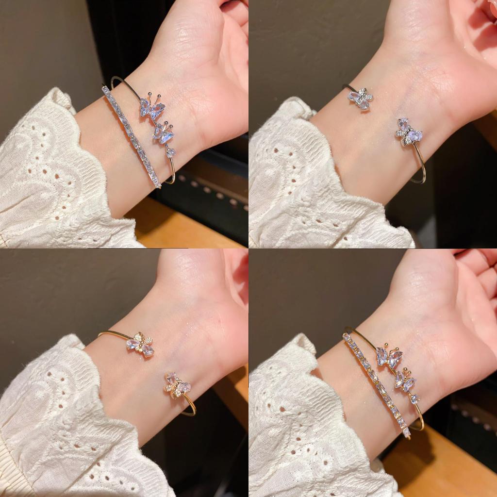 Butterfly Charm Double Layer Open Bracelet With Cubic Zirconia For Fashion Women