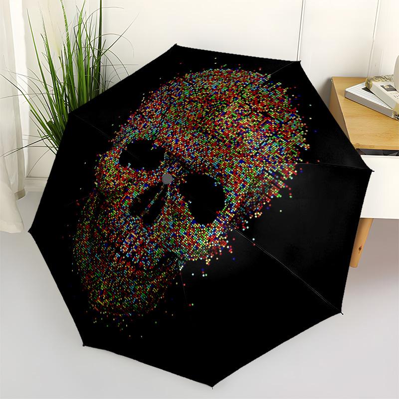1pc Pixel Skull Automatic Folding Umbrella, 8-Rib Sturdy Canopy, Portable Travel Umbrella for Outdoor Use