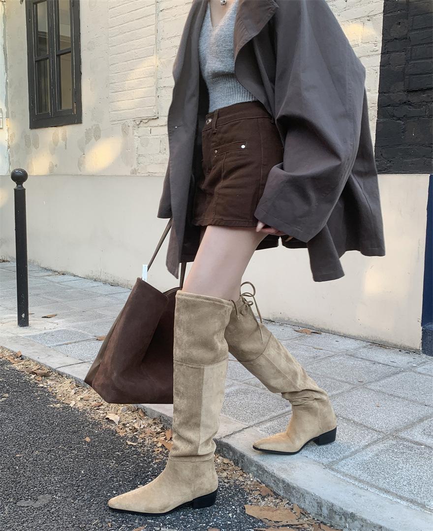 

Over-knee women s boots 23 autumn and winter thick heel strap-up high elastic boots 3cm suede flat-bottomed knight boots 39 абрикосовий