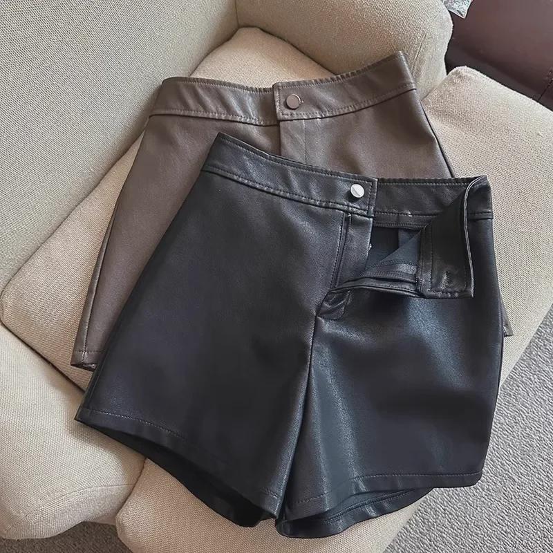 Women's High-Waist PU Leather Wide-Leg Shorts - Korean Style, Autumn/Winter Casual Wear