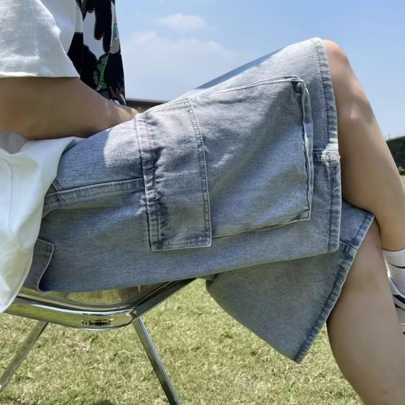 Summer Men Denim Short Streetwear Vintage Korean Harajuku Pocket Jeans Shorts Hip Hop Cargo Pants Oversized Bottoms Male Clothes