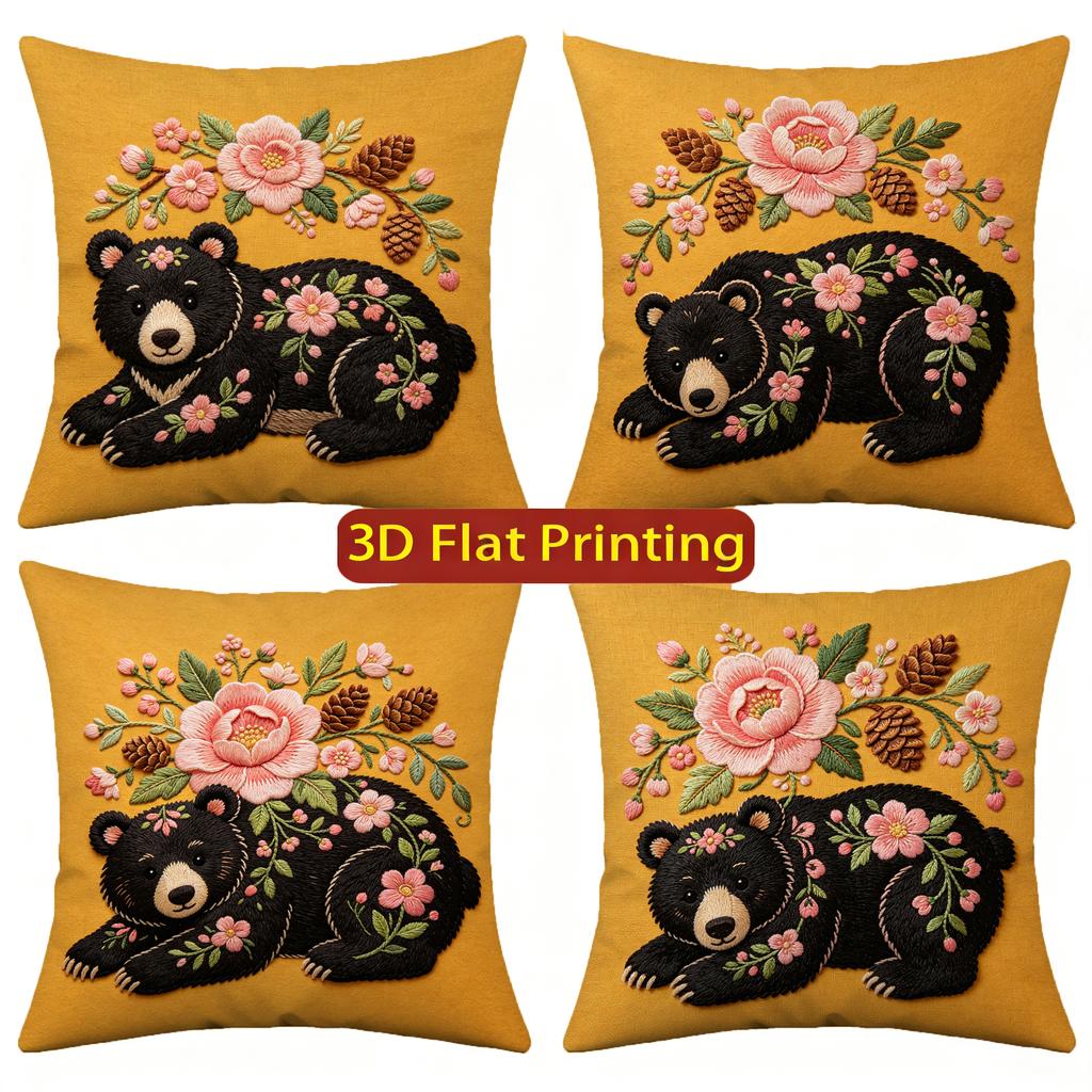 Floral Black Bear Embroidery Style Throw Pillow Covers Pattern Cushion Cover Suitable For Sofa Bedroom Car Pillow Cover