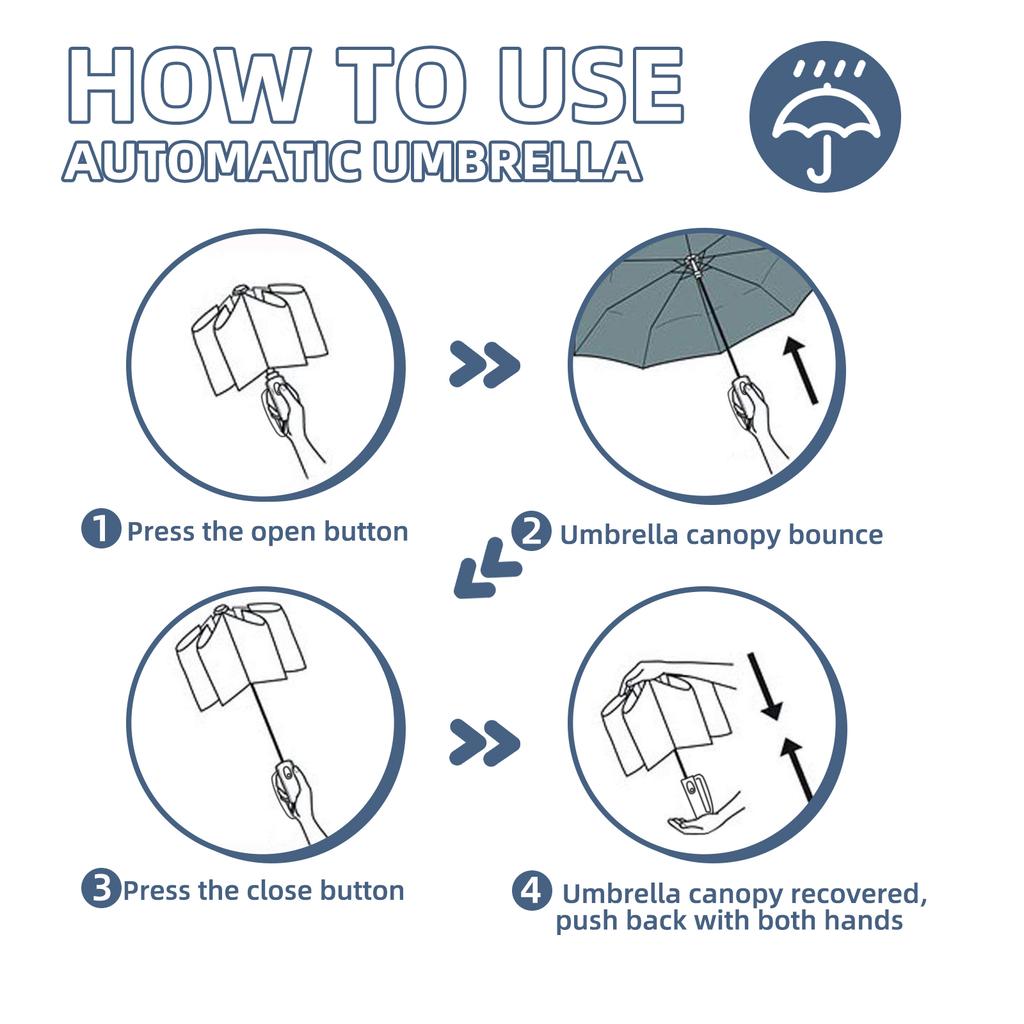 W pełni automatyczny składany parasol podróżny z uchwytem haczykowym, osłoną przeciwsłoneczną i ochroną UV, wodoodporny, z zapięciem na kółko