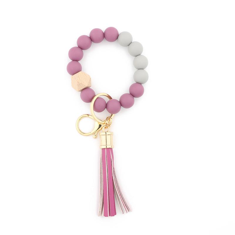 Silicone & Beech Wood Beaded Keychain Bracelet with Pendant
