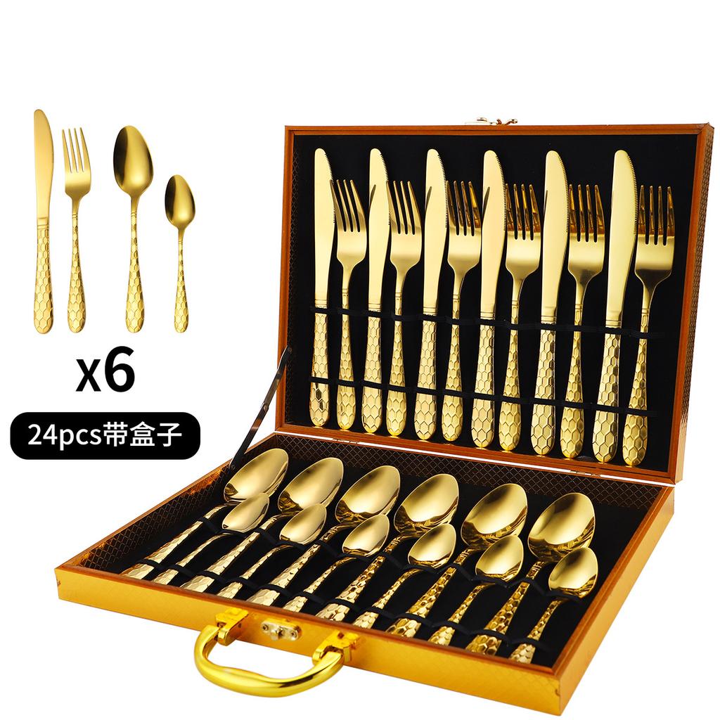 24pcs/set, Russian stainless steel tableware set, Crown knife, fork, spoon, gift box packaging for kitchen, Boutique tableware