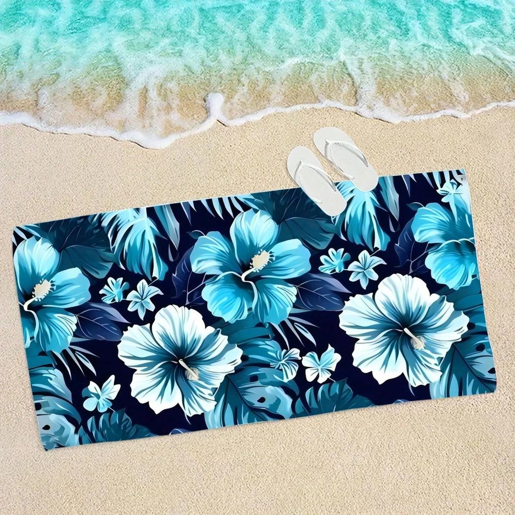 1pc Tropical Blue Hibiscus Flower Print Quick Dry Lightweight Breathable Comfortable Beach Towel for Summer Pool and Outdoor