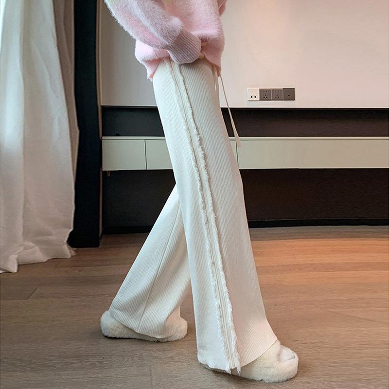 Autumn and winter new tassel thin pit strip knitted wide-leg pants high waist drawstring thin casual warm floor mopping wool pants thick
