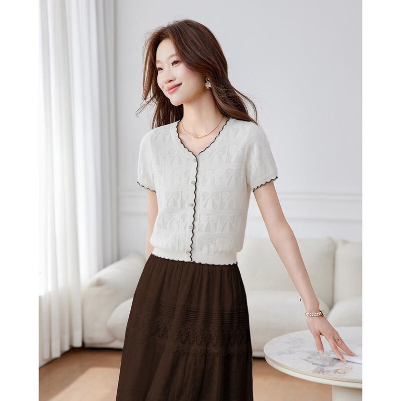 Srcr Women s Mulberry Silk Blend Short Jacquard Knit Cardigan M