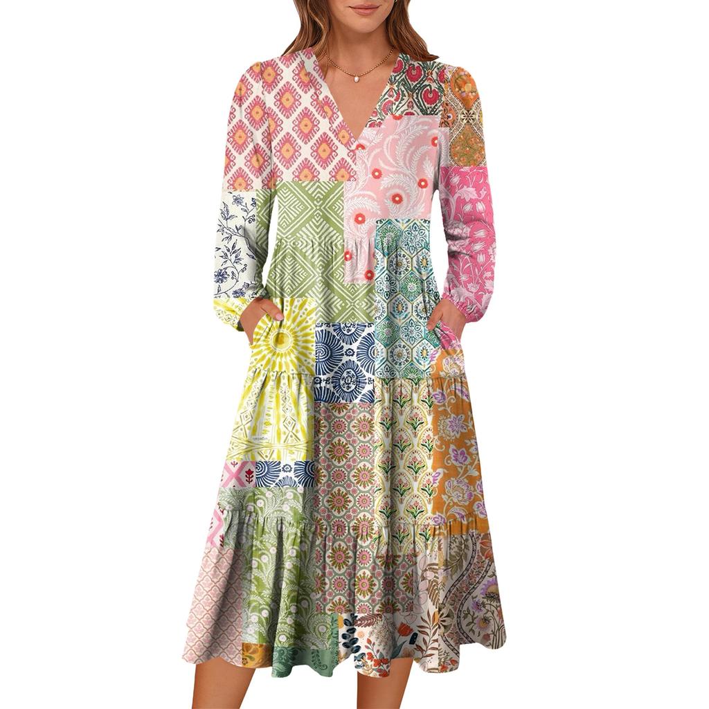 Damen V-Ausschnitt Fließendes Bohemian Langarm Blumenprint Kleid