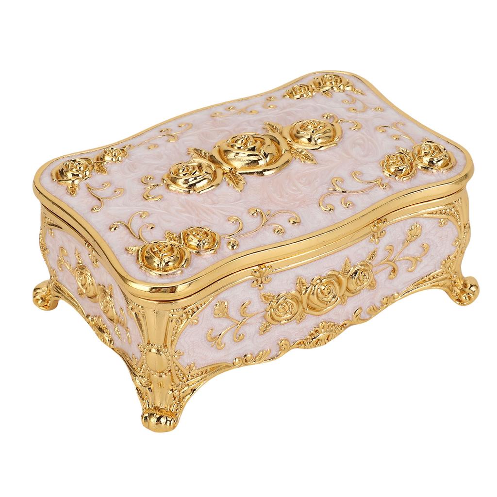 Vintage Jewelry Box Rectangular Exquisite Rose Pattern Zinc Alloy Soft Velvet Lining Trinket Organizer