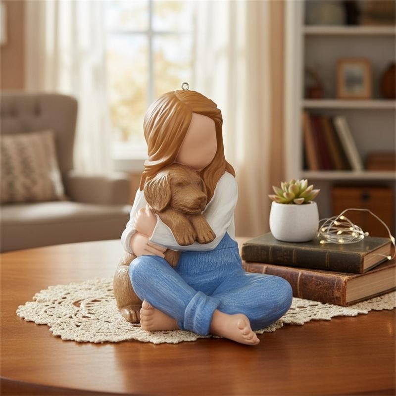 Little Girl Embraces Puppies Sculpture Resin Miniature Statue Loss of Pet Sympathy Gift for Living Room Bedroom Display