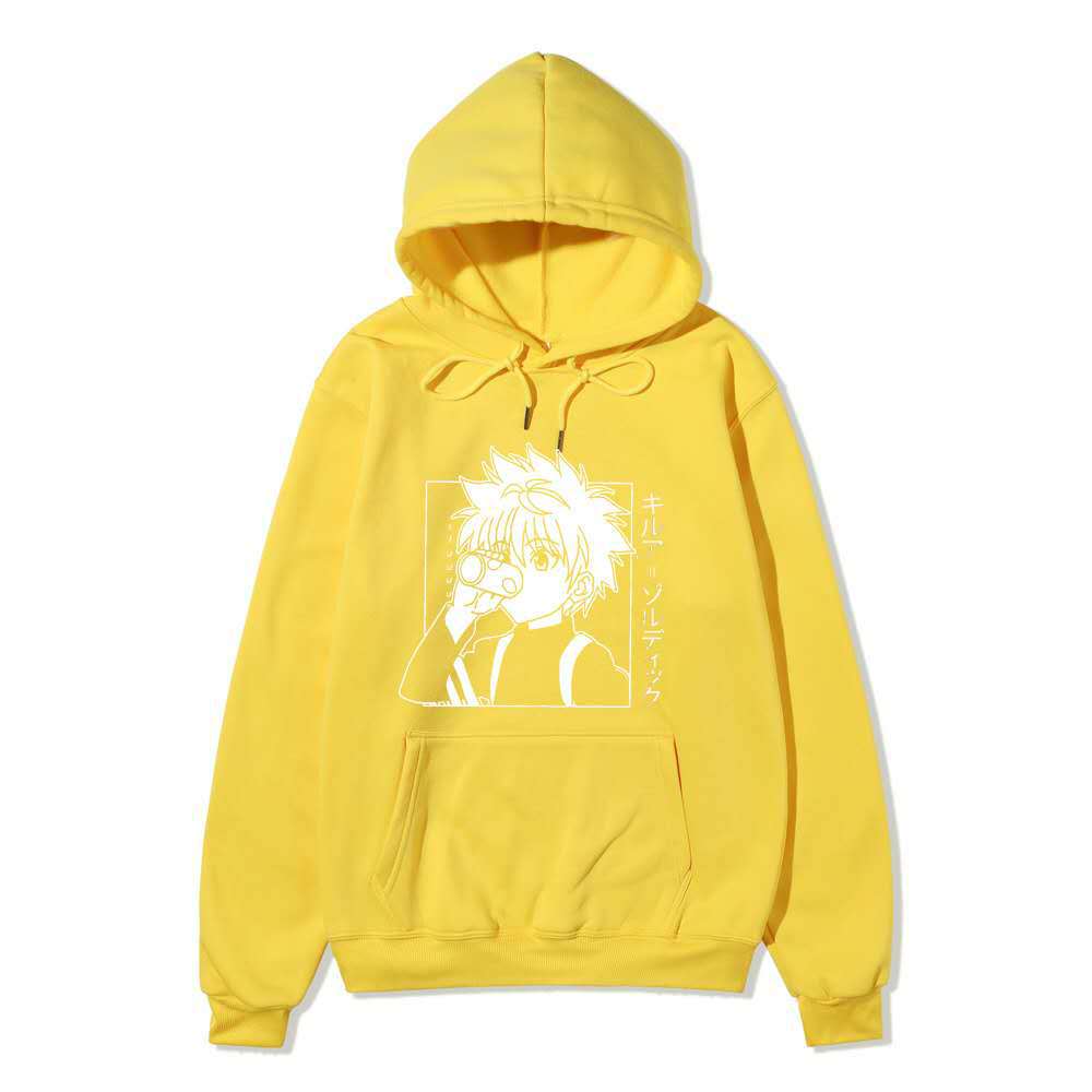Hunter X Hunter Killua Drink Line Art Hoodie Japanese Text Black Anime Casual Hooded Pullover Sweatshirt