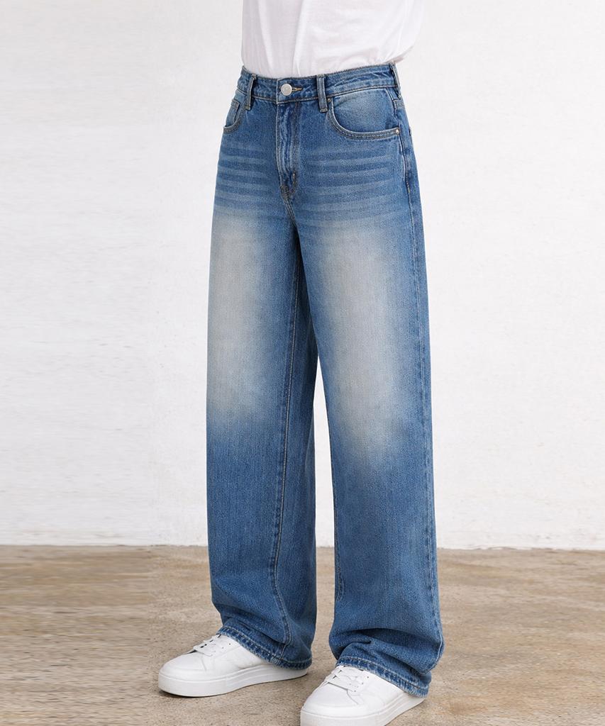Jikeulib Secret Elastic Waist Vintage Washed Wide Straight Denim Pants 4 Colors (Type A)
