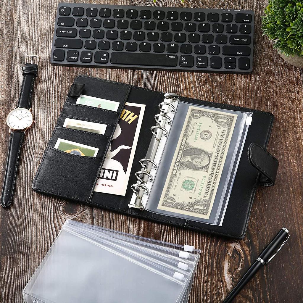 PU Leather Notebook Binder Budget Planner Binder Cover with Binder Pocket Personal Cash Budget Envelopes System 6 Hole Binder Zipper Folder Black Co