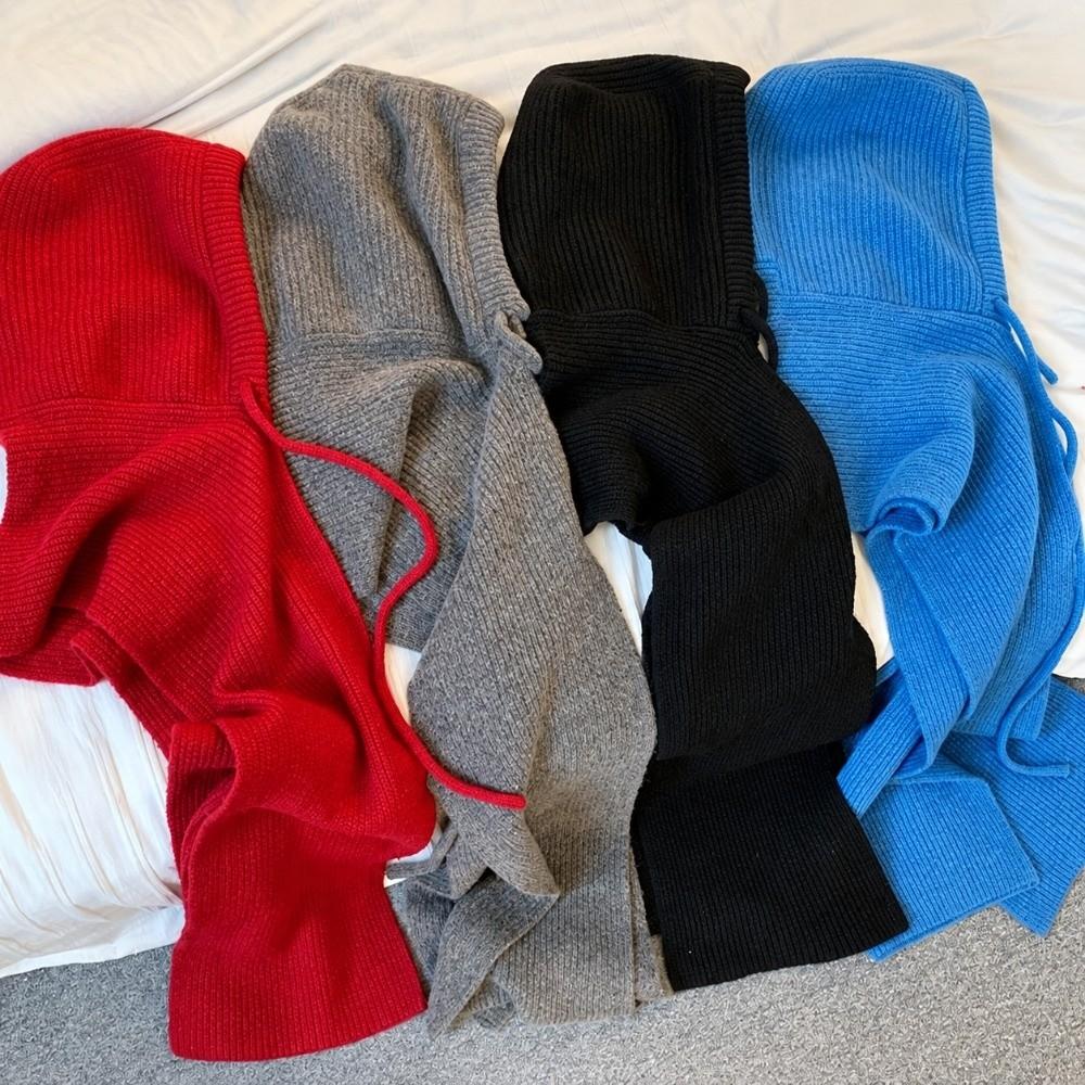 Korean Style Winter Balaclava Hat Solid Color Knitted Hooded Beanie Hood Scarf Combo Trendy Girls