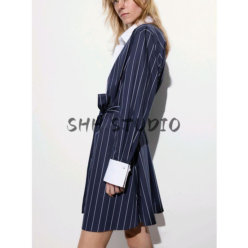 Spring and Summer New Women's Clothing Fold Collar Micro Drop-Shoulder Long-Sleeve Waist Belt Shirt Style Dress 1282331