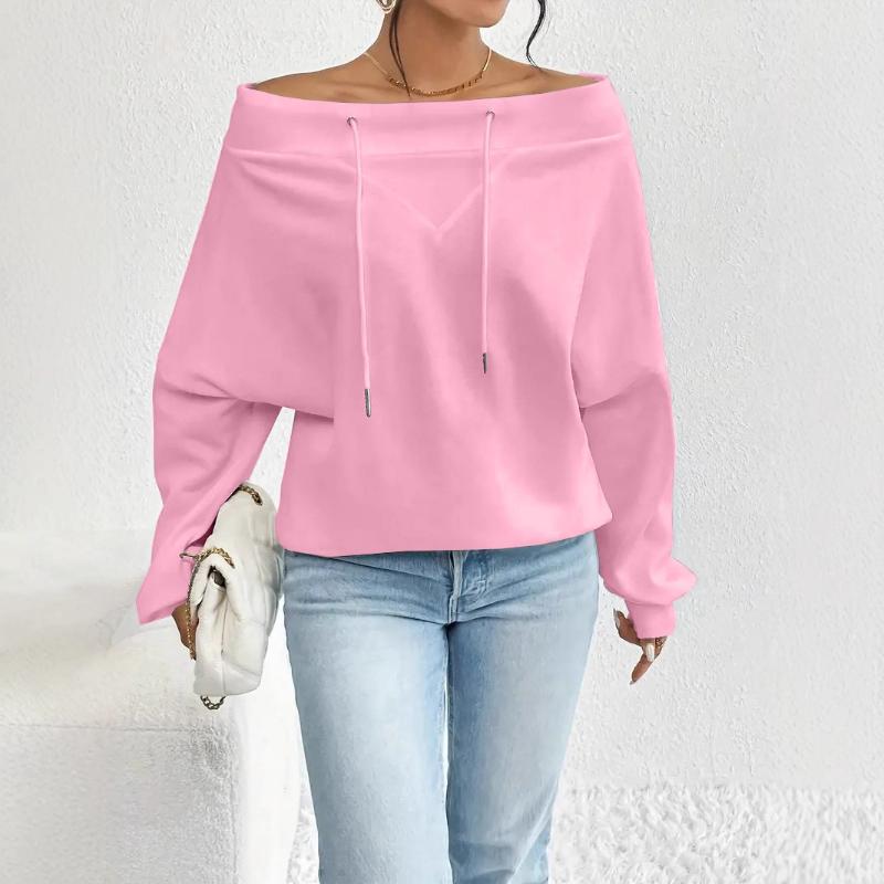 Women's Solid Off Shoulder Sweatshirt Drawstring Batwing Sleeve Top Spring Autumn Casual Streetwear