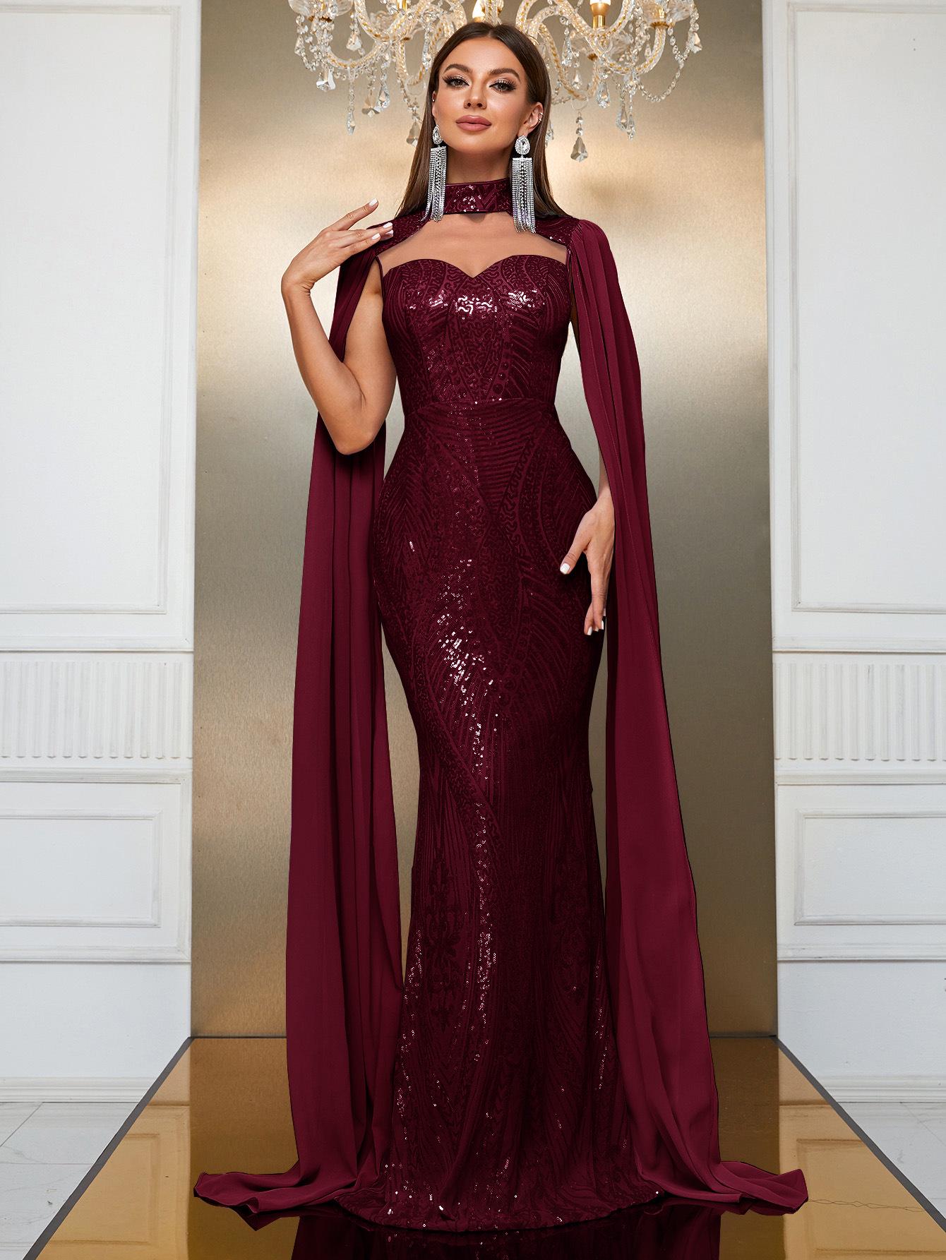 

Elegant Sequined Halter Neck Evening Dress with Raglan Sleeves and Fishtail Skirt - MGT790 Extra Large бордовий