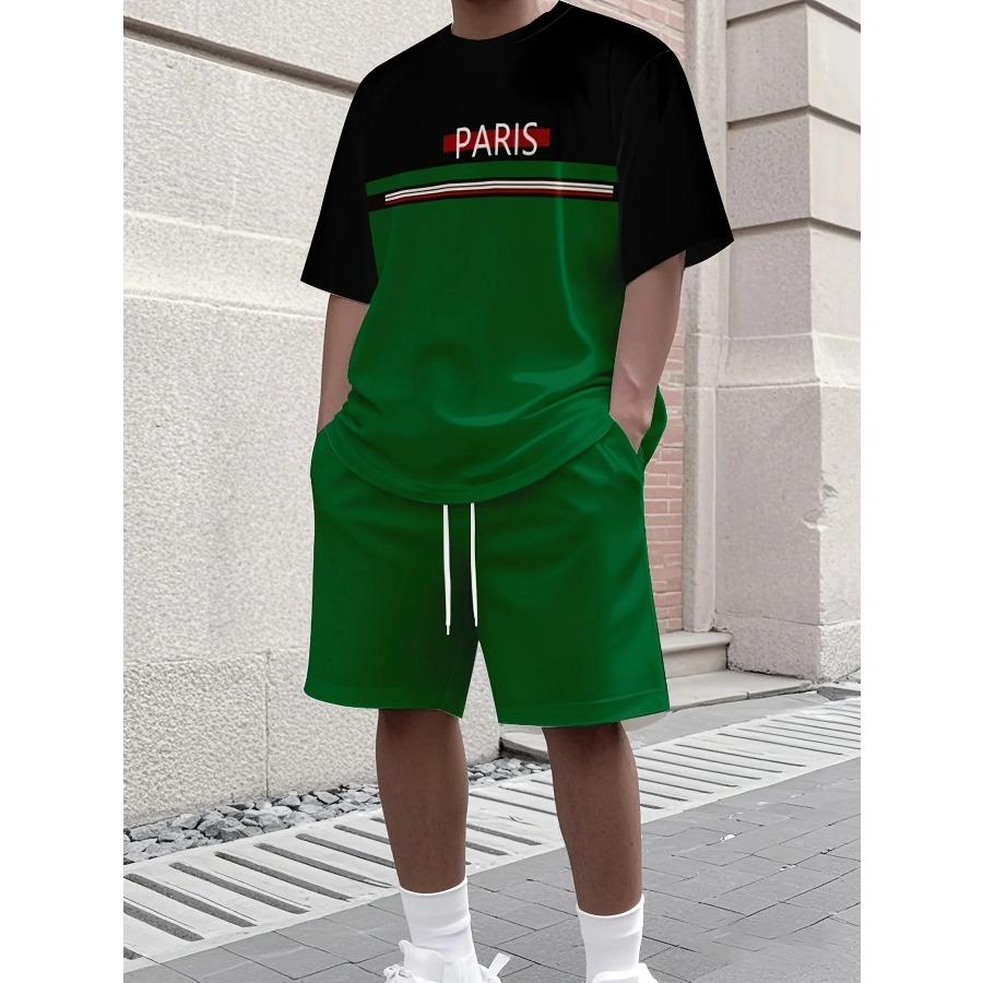 Summer Solid-Color T-Shirt and Shorts Set Letter Print Short-Sleeve Top with Drawstring Shorts Streetwear Men Fashion Sportswear