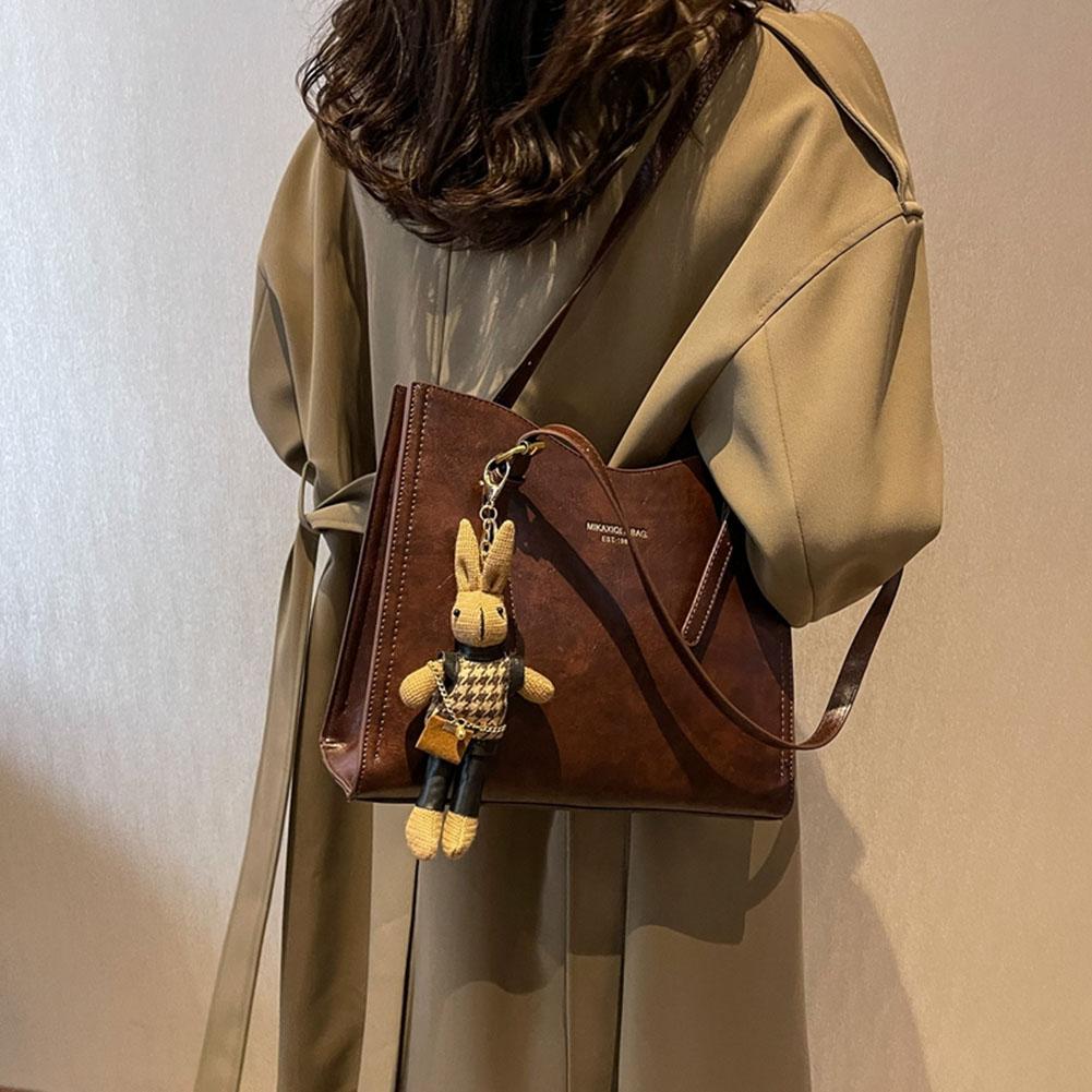 Women's Retro Handbag With Pendant Tote Handbag Large Capacity Fashion Shoulder Bag Ladies Travel Handbag Solid Color Bags