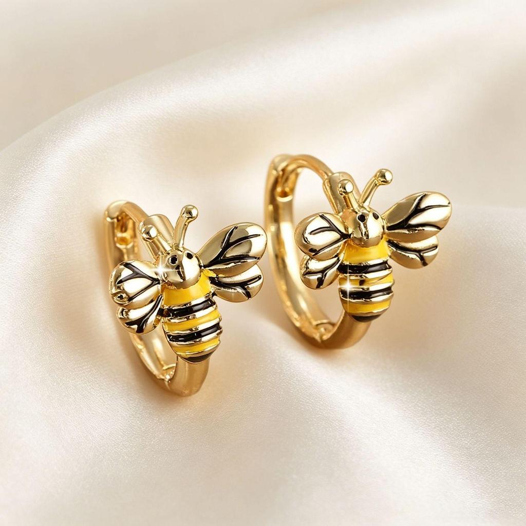 Yan Bai Retro Bronze Zircon Enamel Bee Earrings: Charming Yellow & White Insect Studs for Women