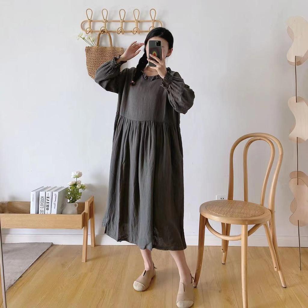 Johnature Frühling Japanischen Leinen Rüschen Kragen Kleid Frauen Vintage Einfarbig Lose Volle Hülse Aushöhlen Kleider