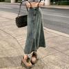 Retro Denim Skirt Women High Waist A-line Half Dress Fashion High Waist Long Skirt  Beach