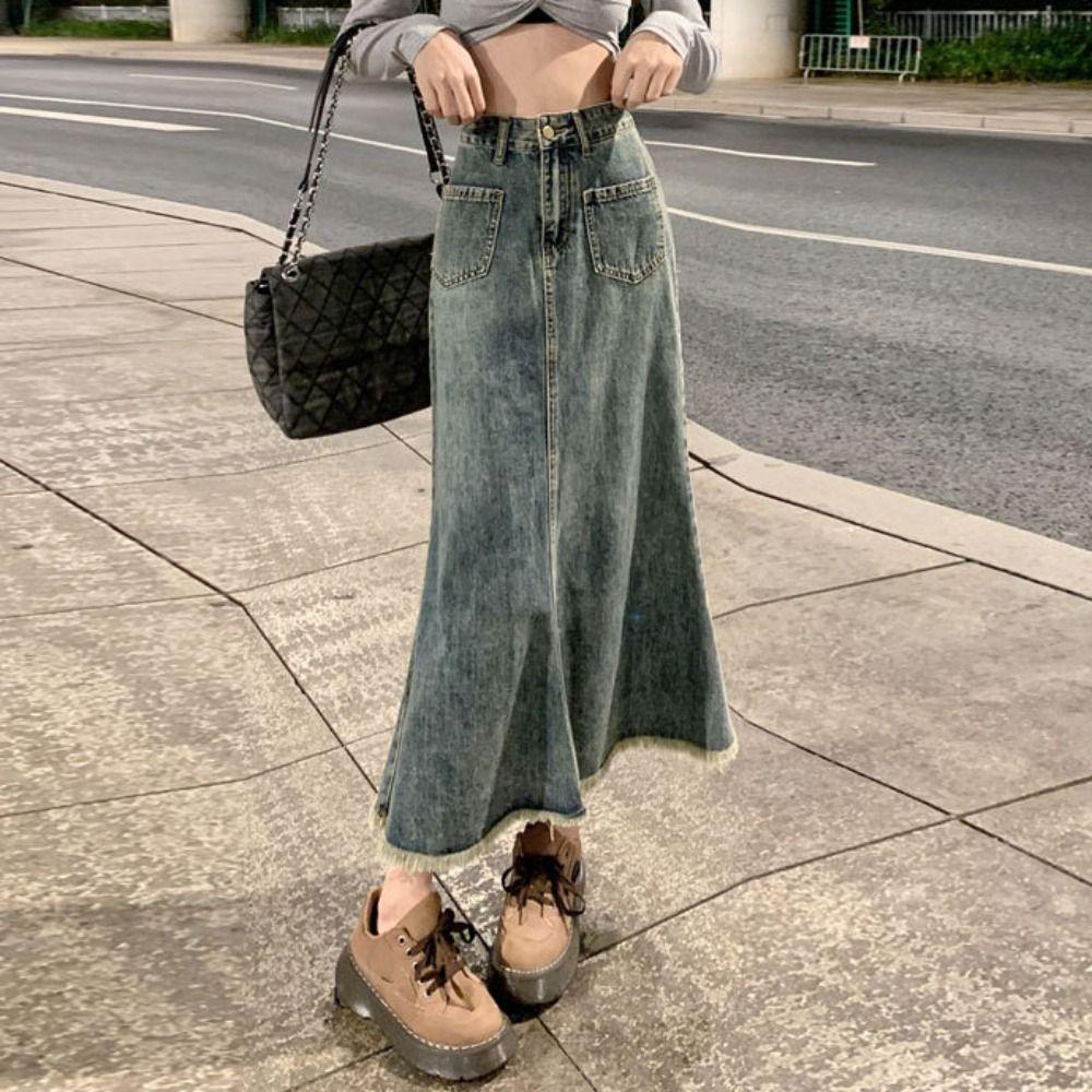 Retro Denim Skirt Women High Waist A-line Half Dress Fashion High Waist Long Skirt  Beach