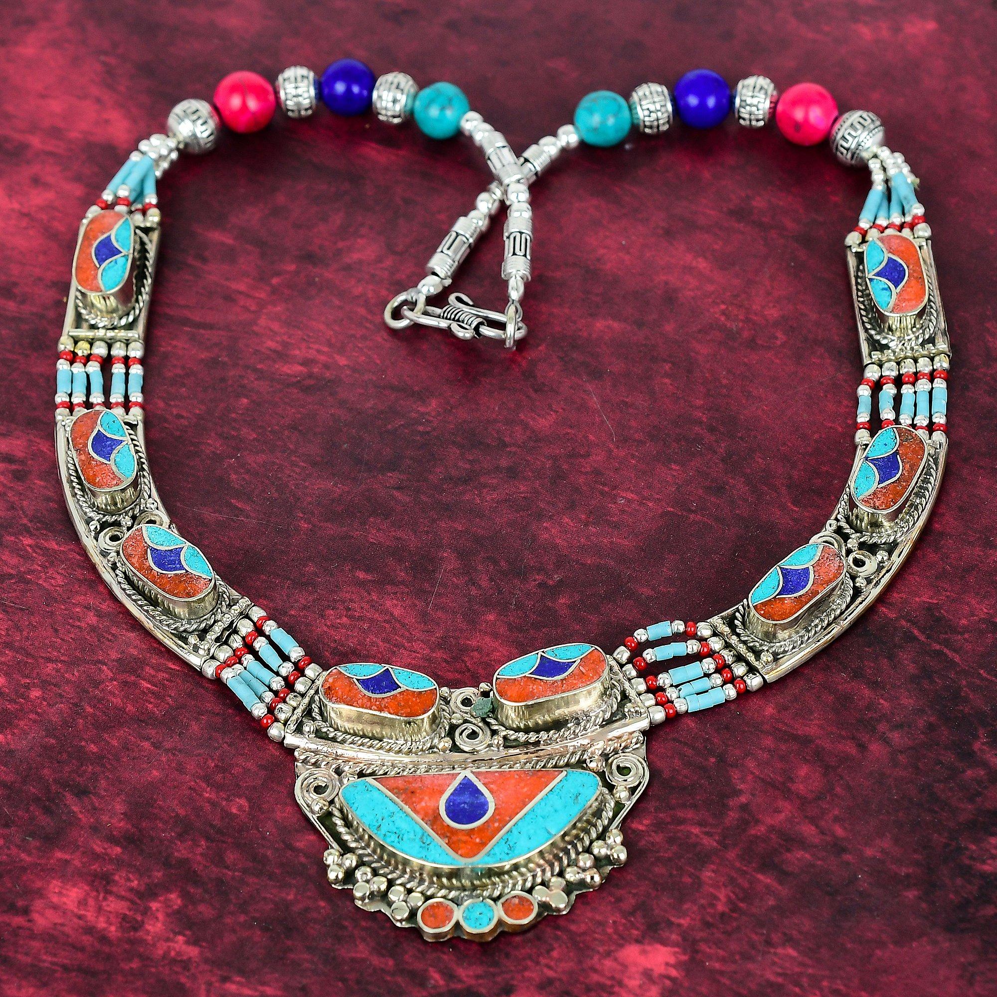 

Turquoise, Lapis Lazuli & Coral Handmade Gemstone Nepali Necklace, 925 Solid Sterling Silver Necklace Antique Jewelry, Adjustable Chain Necklace