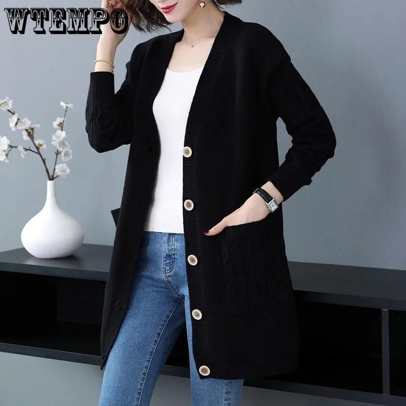 WTEMPO Large Size Long Sleeve Casual Knitted Sweater Coats with Buttons Women's Autumn Winter Solid Color Loose Knitted Cardigans